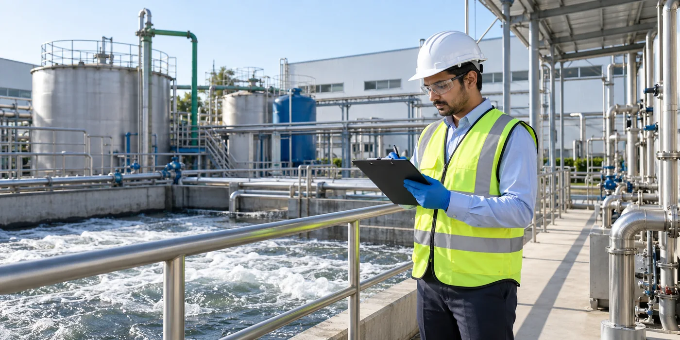 Environmental engineer reviewing ETP and wastewater compliance at a food processing factory in India